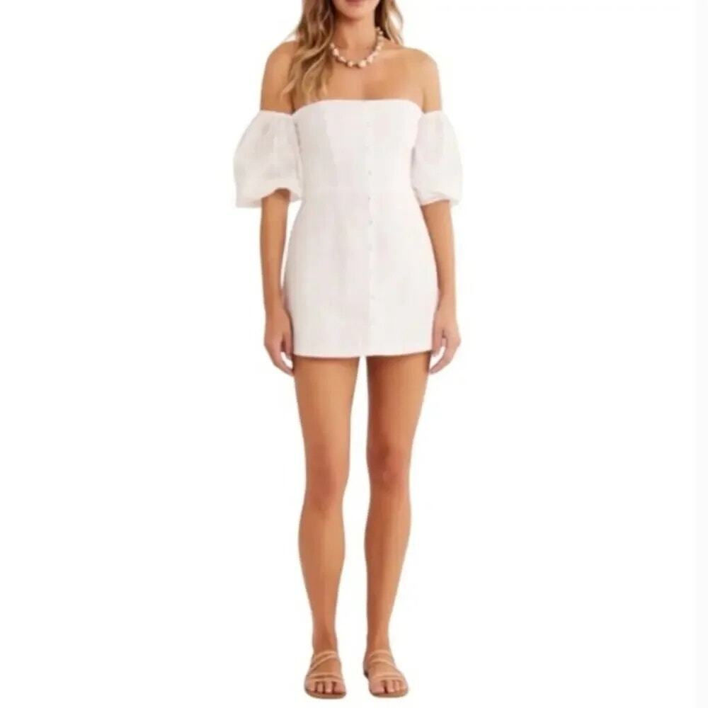NWT Rumer The Label Chloe Off Shoulder Puff Sleeves Buttons Mini Dress S White